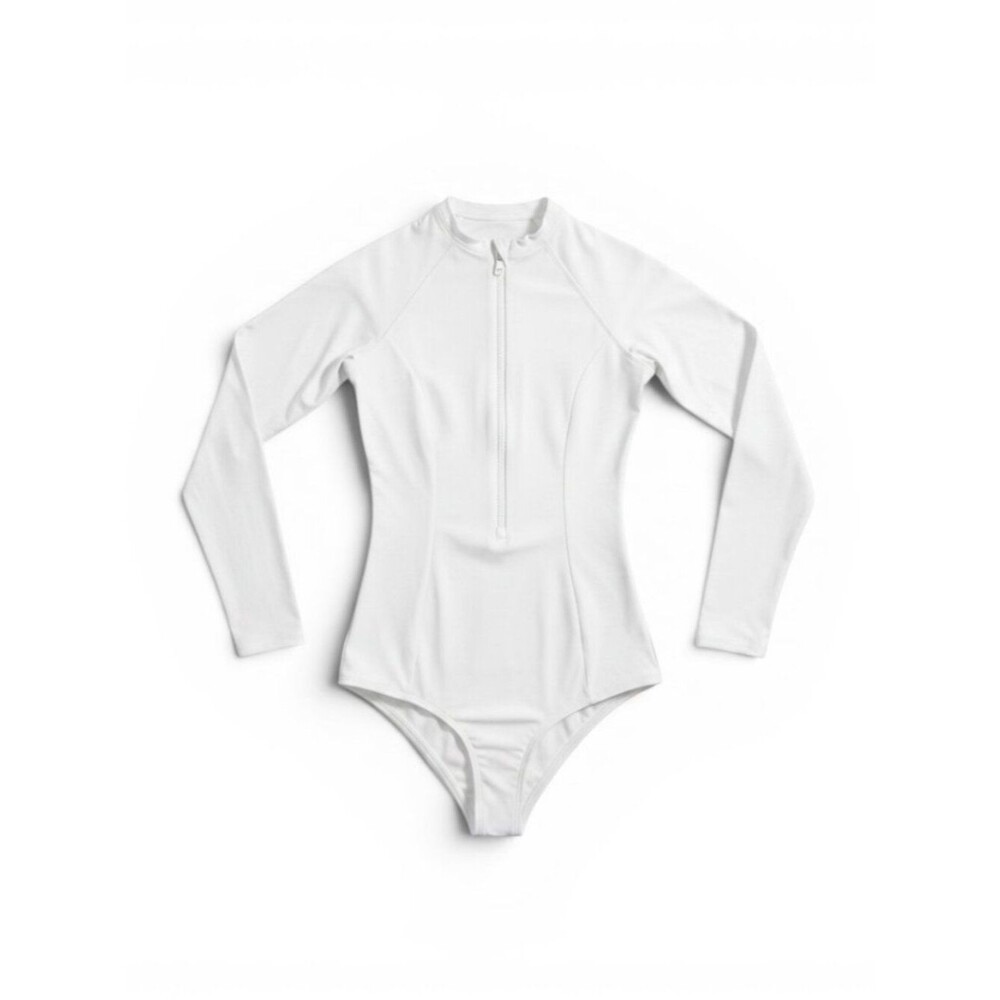 White Long-Sleeve Zip Front One-Piece Swimsuit